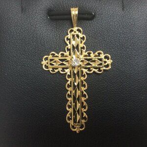14k Yellow Real gold Natural Diamond Cross charm pendant 2.5gr
